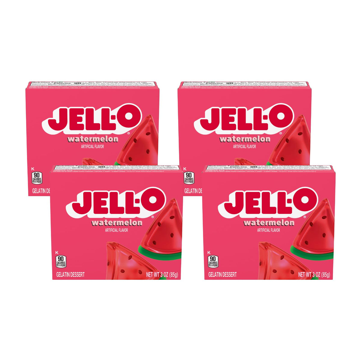 Jell-O Watermelon Gelatin Dessert Mix boxes on a counter for quick snacking.