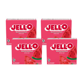 Jell-O Watermelon Gelatin Dessert Mix boxes on a counter for quick snacking.