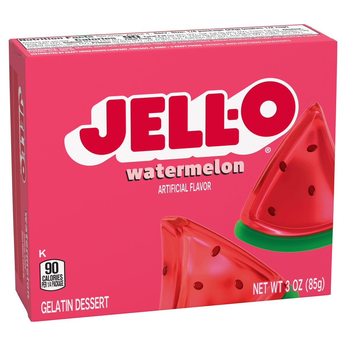 Jell-O Watermelon Gelatin Dessert Mix dissolving in boiling water for fast dessert base.