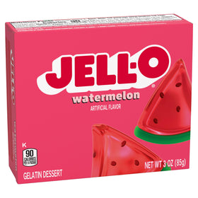 Jell-O Watermelon Gelatin Dessert Mix dissolving in boiling water for fast dessert base.