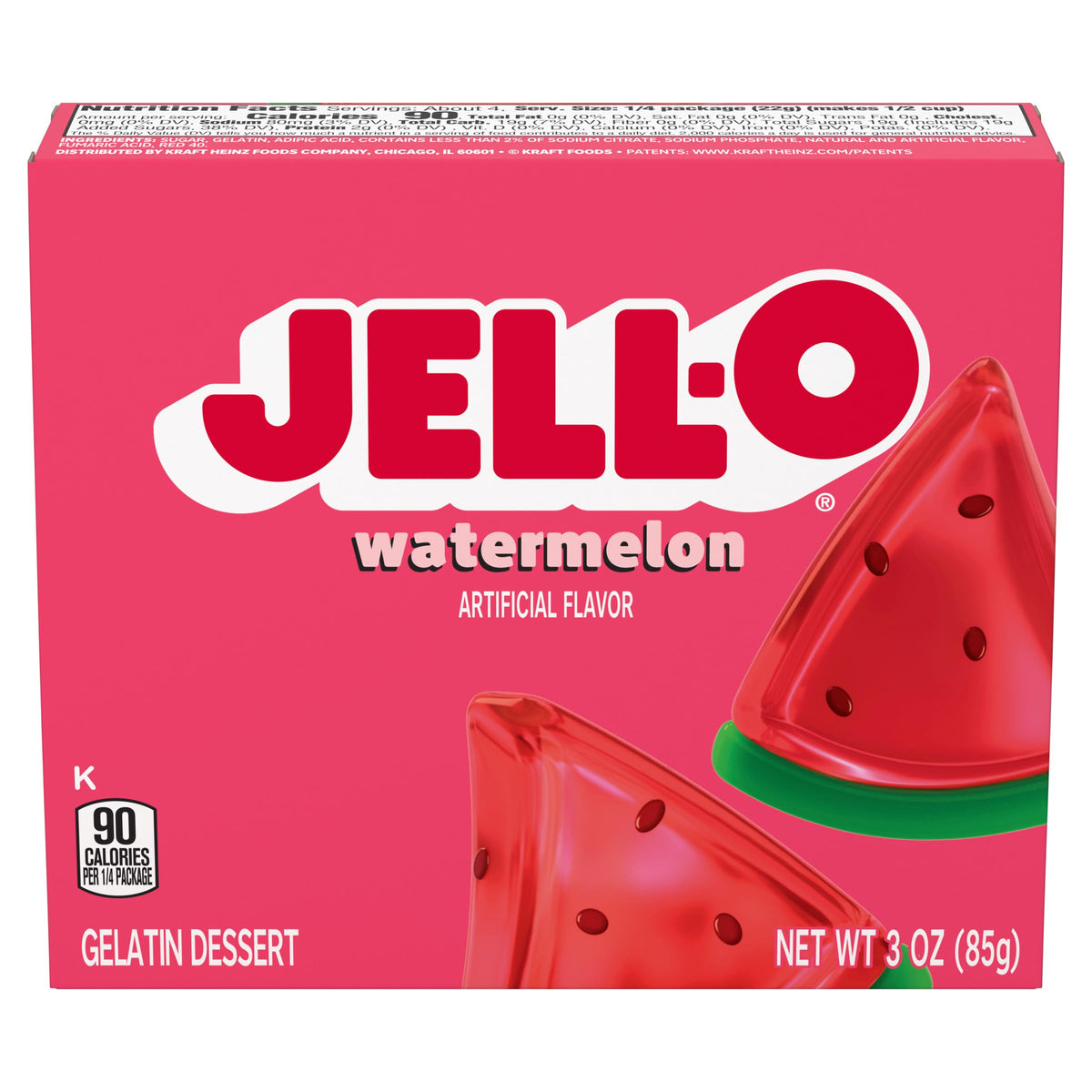 Jell-O Watermelon Gelatin Dessert Mix sealed pouch ready for simple dessert prep.