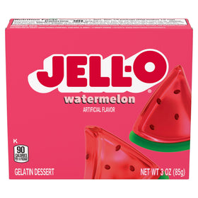 Jell-O Watermelon Gelatin Dessert Mix sealed pouch ready for simple dessert prep.
