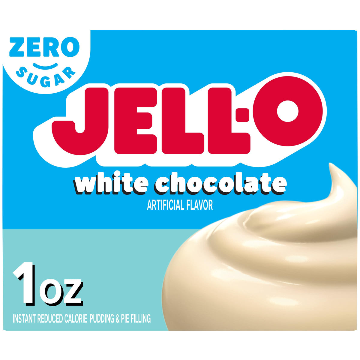 Jell-O White Chocolate pudding pouch ready to whisk with milk for a creamy dessert.