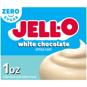 Jell-O White Chocolate pudding pouch ready to whisk with milk for a creamy dessert.