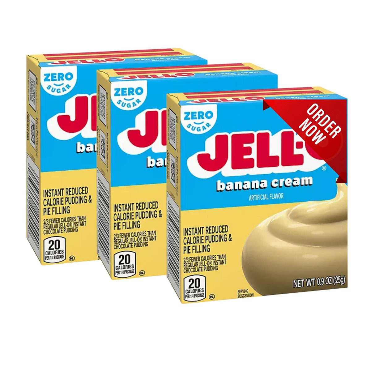 Jell-O Banana Cream pudding mix ready to whisk for quick, low-calorie desserts