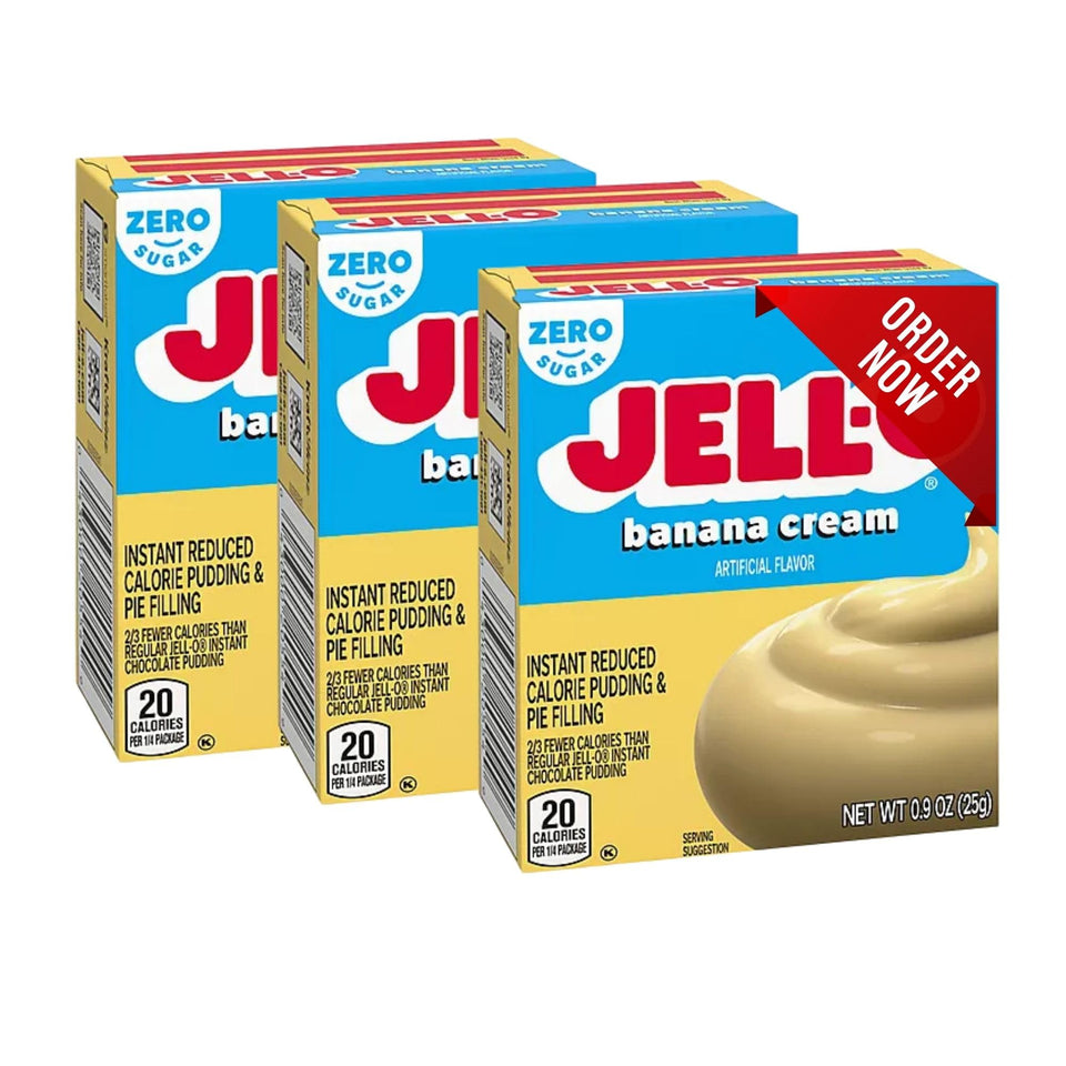 Jell-O Banana Cream pudding mix ready to whisk for quick, low-calorie desserts