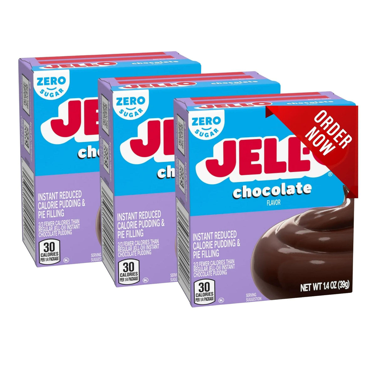 Jell-O Chocolate Zero Sugar pudding in a sealed pouch, ready in minutes for quick dessert