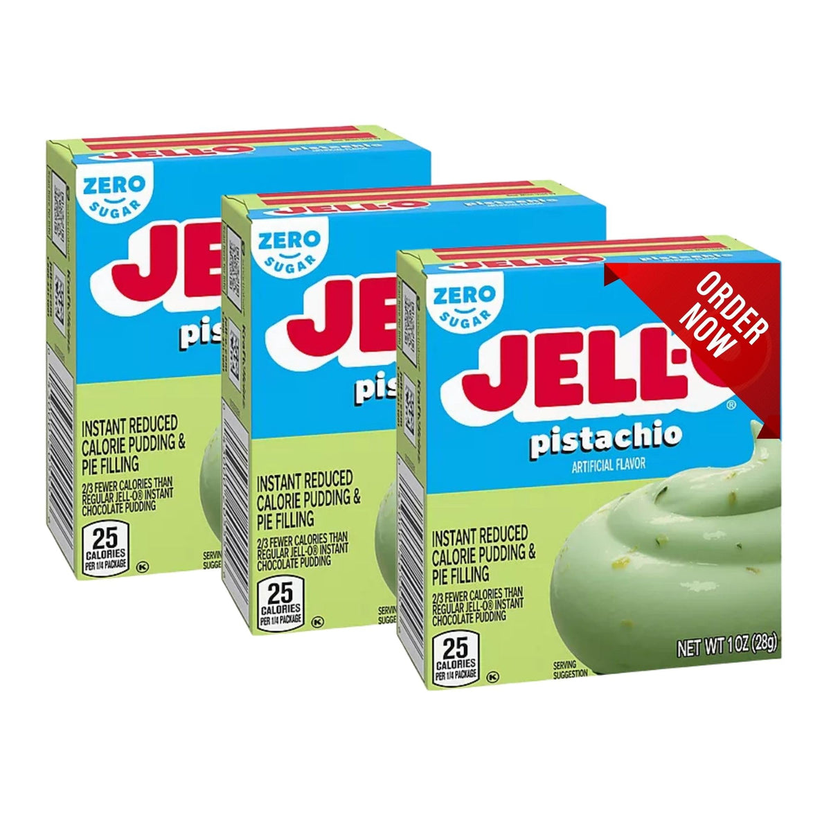 Jello Pistachio Pudding Mix pouch, a quick, low-calorie dessert option for family snacking.