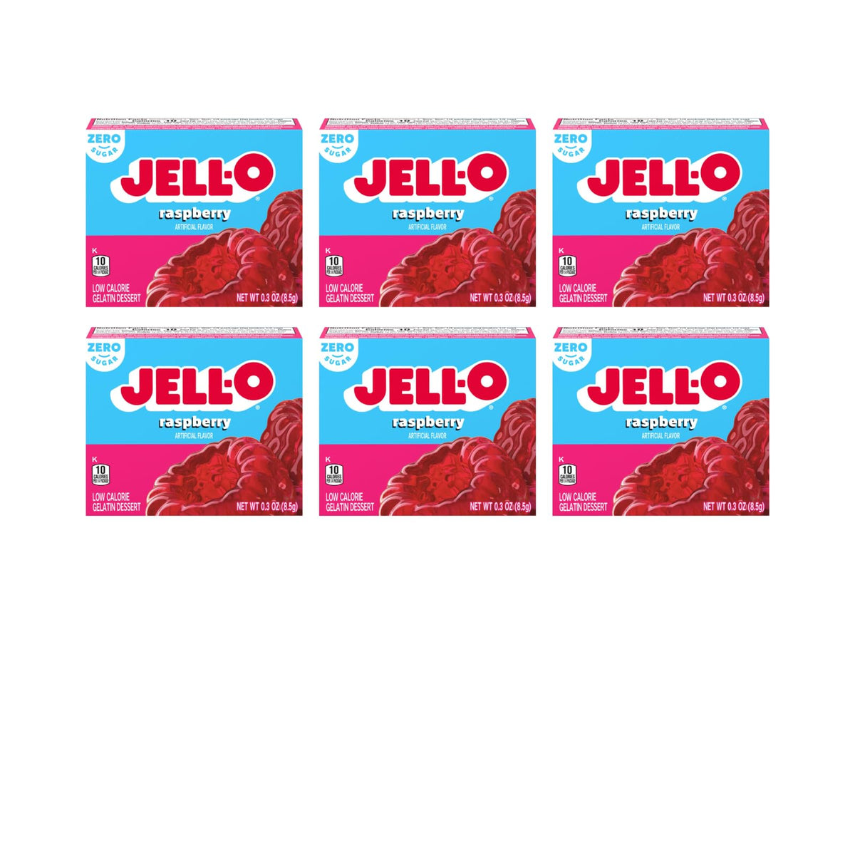 Jell-O Raspberry Zero Sugar gelatin box dissolving in boiling water for a low-calorie snack