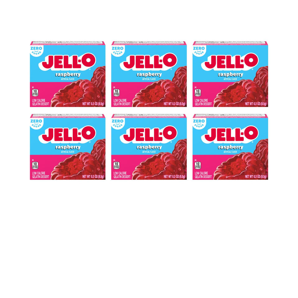 Jell-O Raspberry Zero Sugar gelatin box dissolving in boiling water for a low-calorie snack