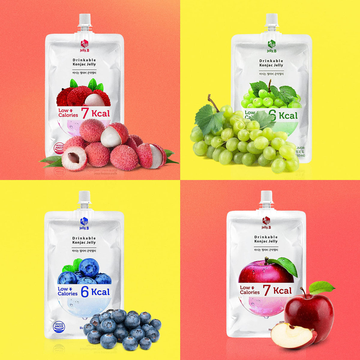 Closeup of Jelly B drinkable konjac jelly pouches for easy sipping
