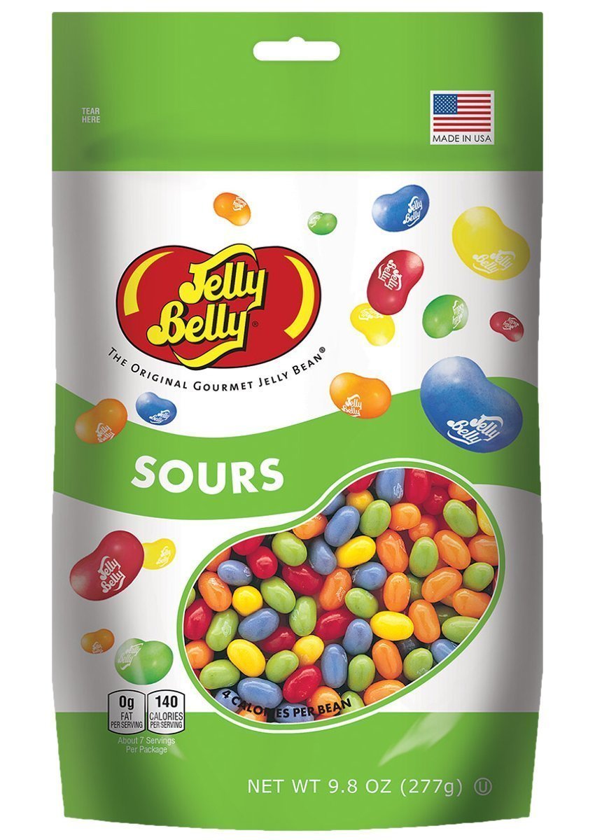 Jelly Belly 5 Sours flavors pouch front showing colorful sour beans for a fruity snack