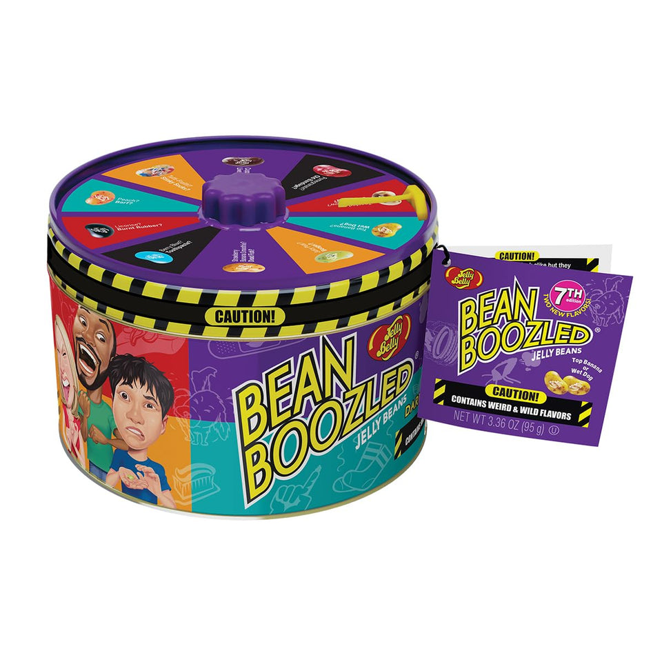 Jelly Belly BeanBoozled spinner tin top view, ideal for party games and laughs.