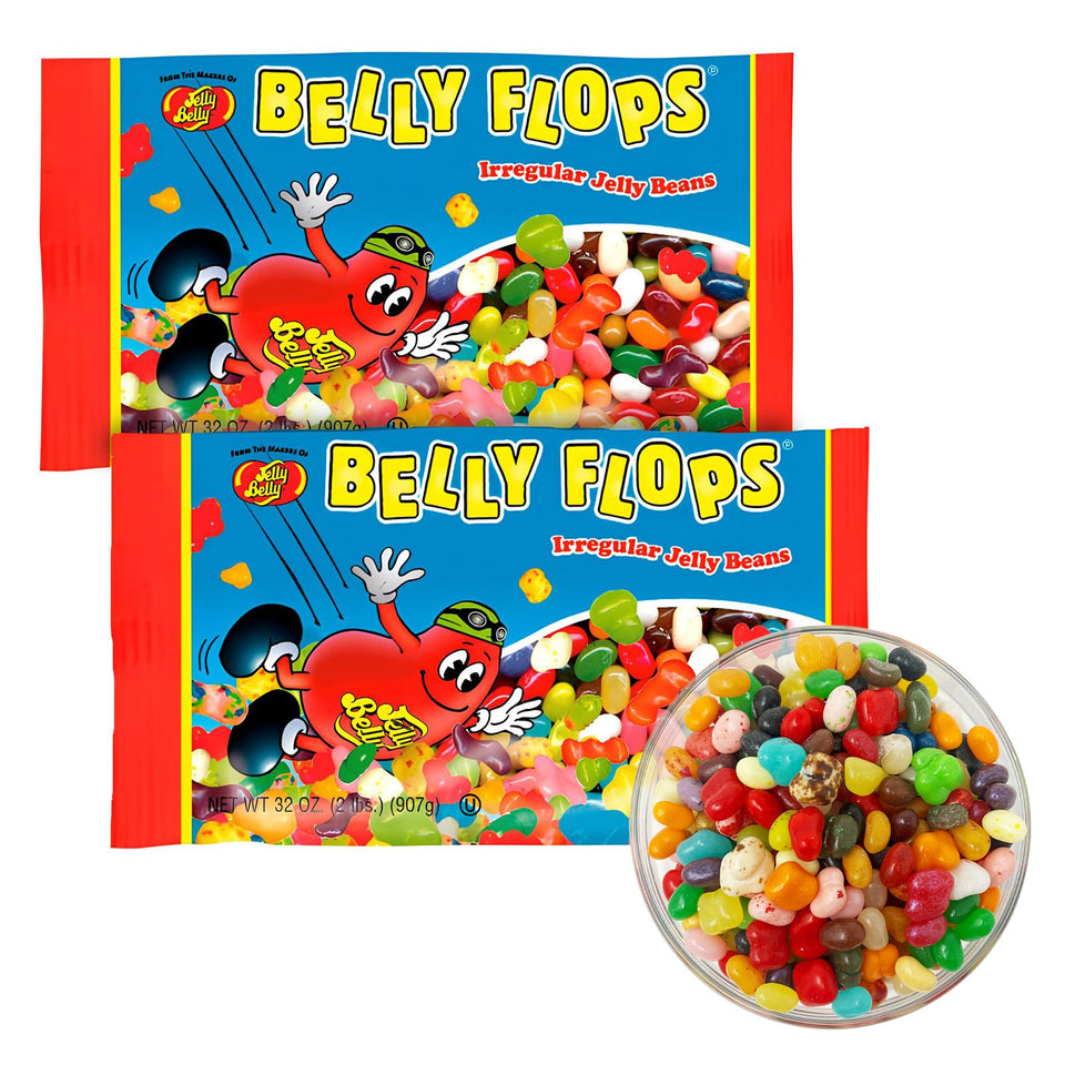 Jelly Belly Belly Flops pack shot showing two-pound bags for sharing.