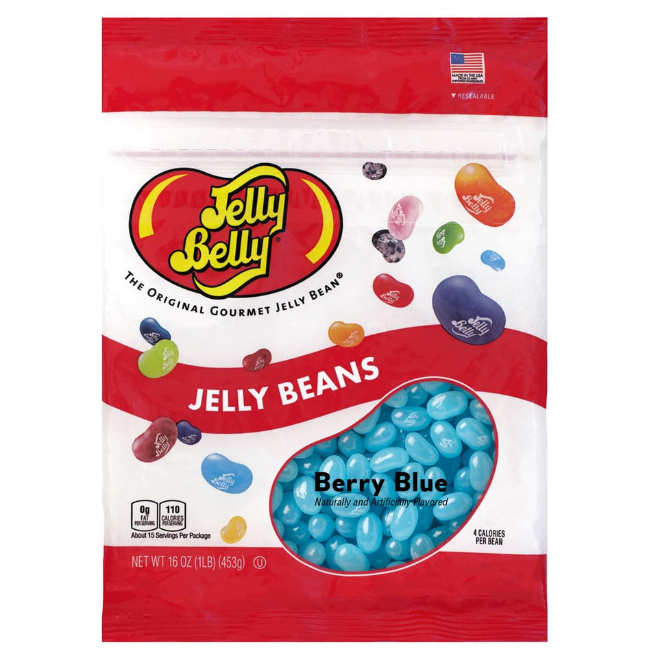Jelly Belly Berry Blue jelly beans in a 1 lb resealable bag show vibrant color for snacking.