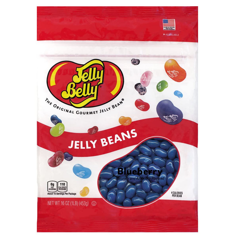 Jelly Belly Blueberry Jelly Beans front bag with resealable design for freshness