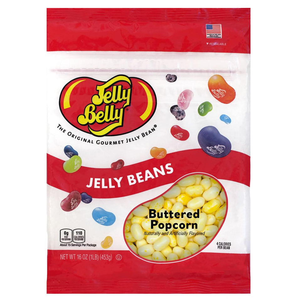 Jelly Belly Buttered Popcorn beans in a 1 lb bag ready for snacking.
