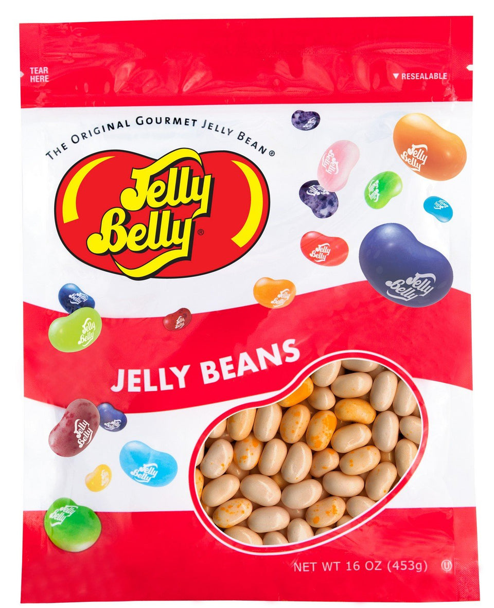 Jelly Belly Caramel Corn jelly beans in resealable bag for fresh snacking.