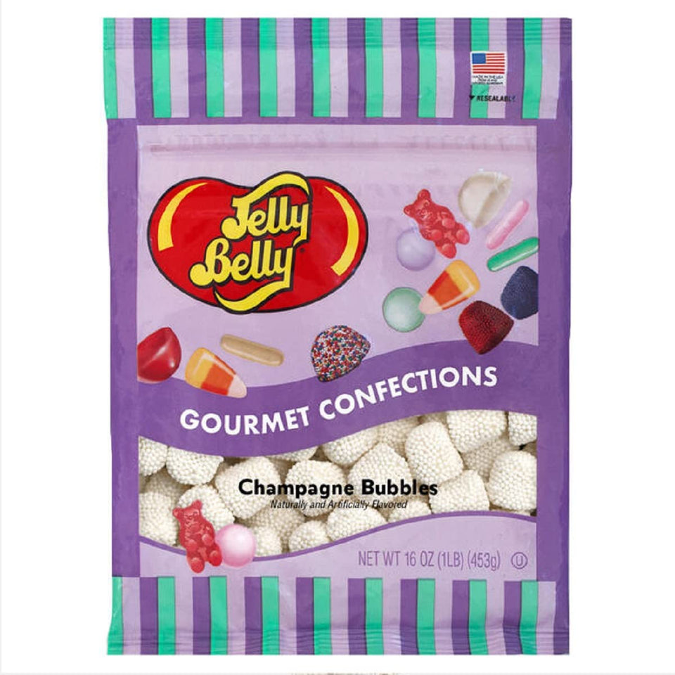 Jelly Belly Champagne Bubbles candy close-up, alcohol-free champagne flavor.
