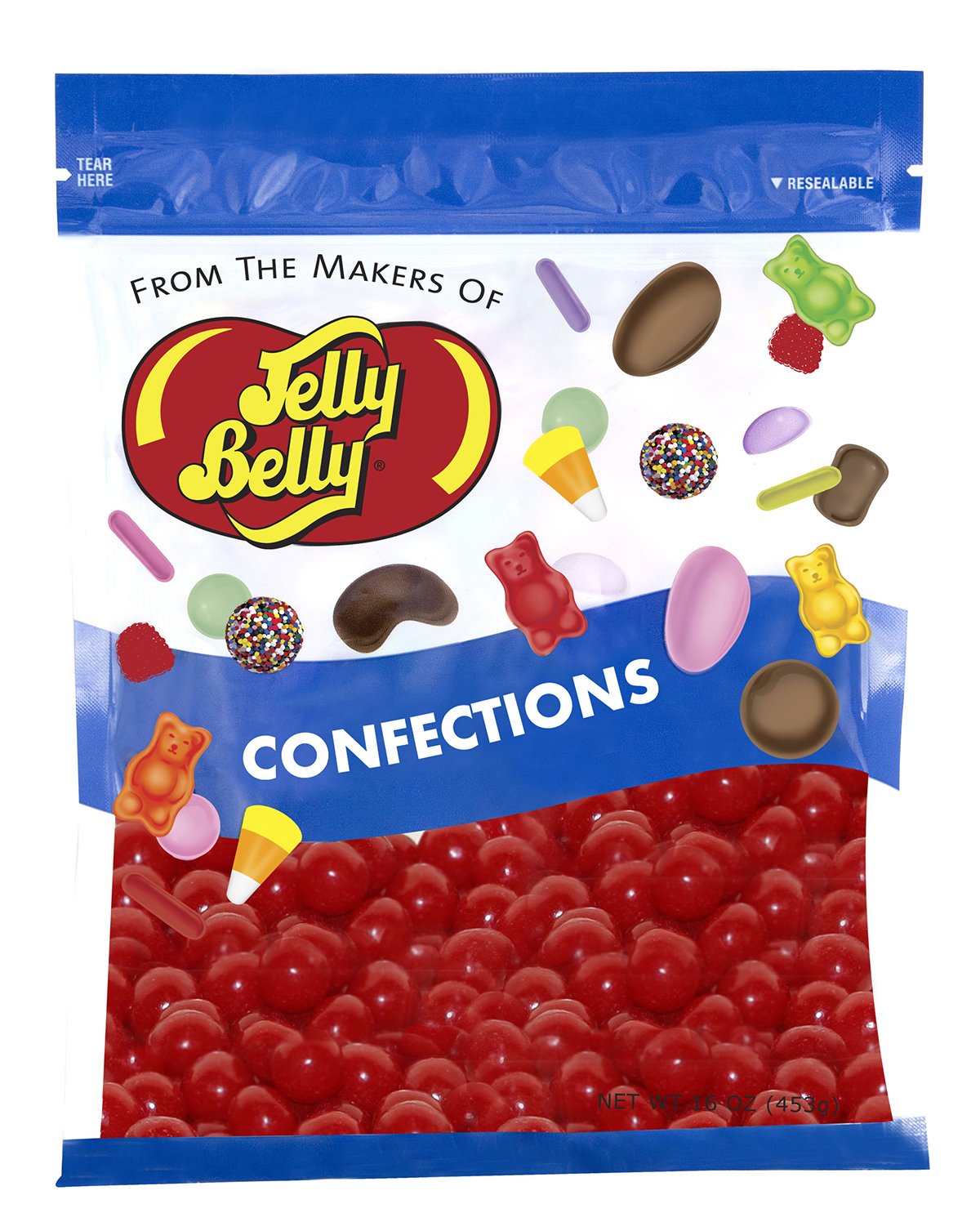 Jelly Belly Cherry Sours bag front shows resealable packaging for freshness.