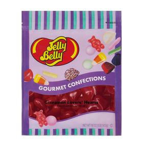 Jelly Belly Cinnamon Lovers heart-shaped jelly beans in a resealable 1 lb bag.