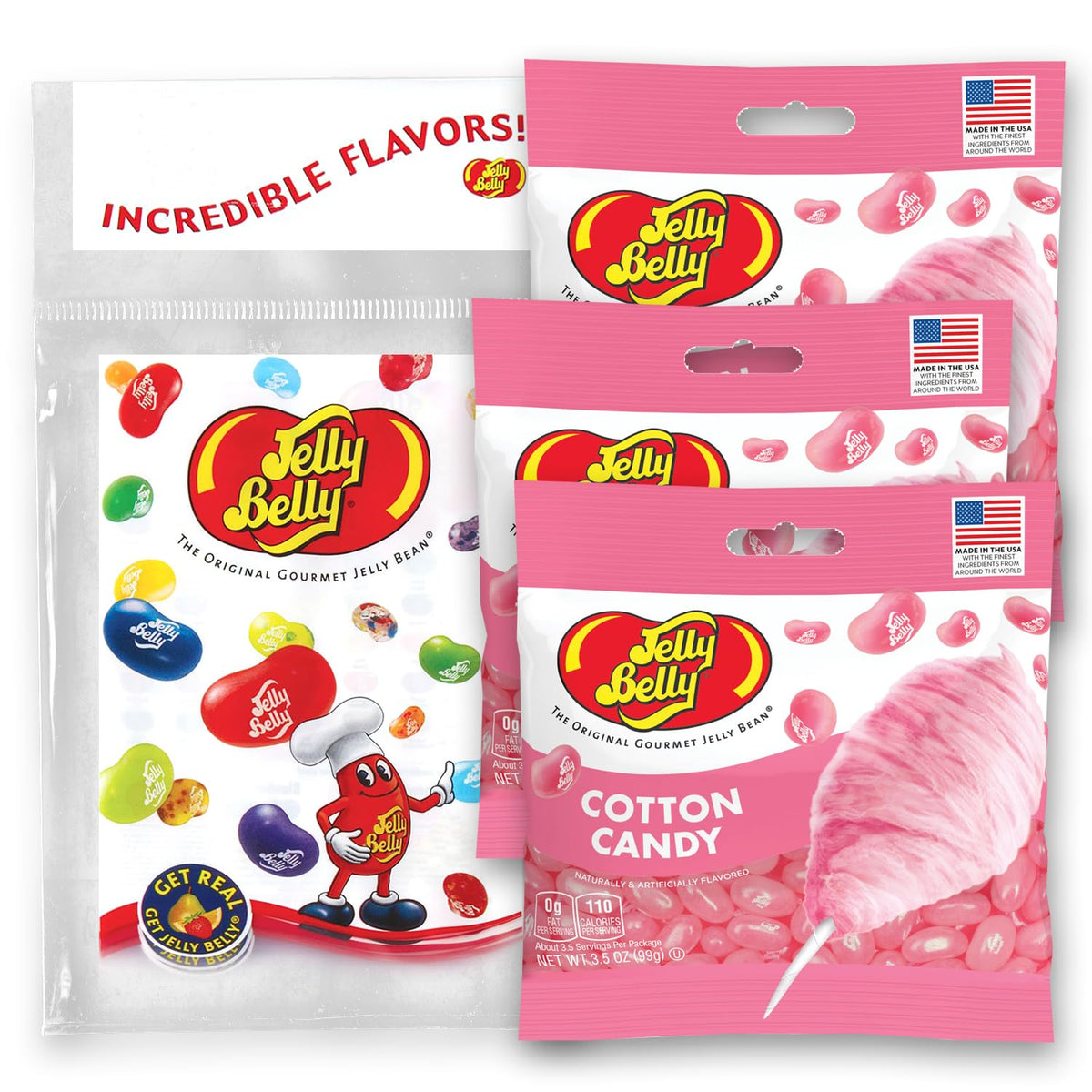 Jelly Belly Cotton Candy jelly beans in a three-pack, ideal for sharing.