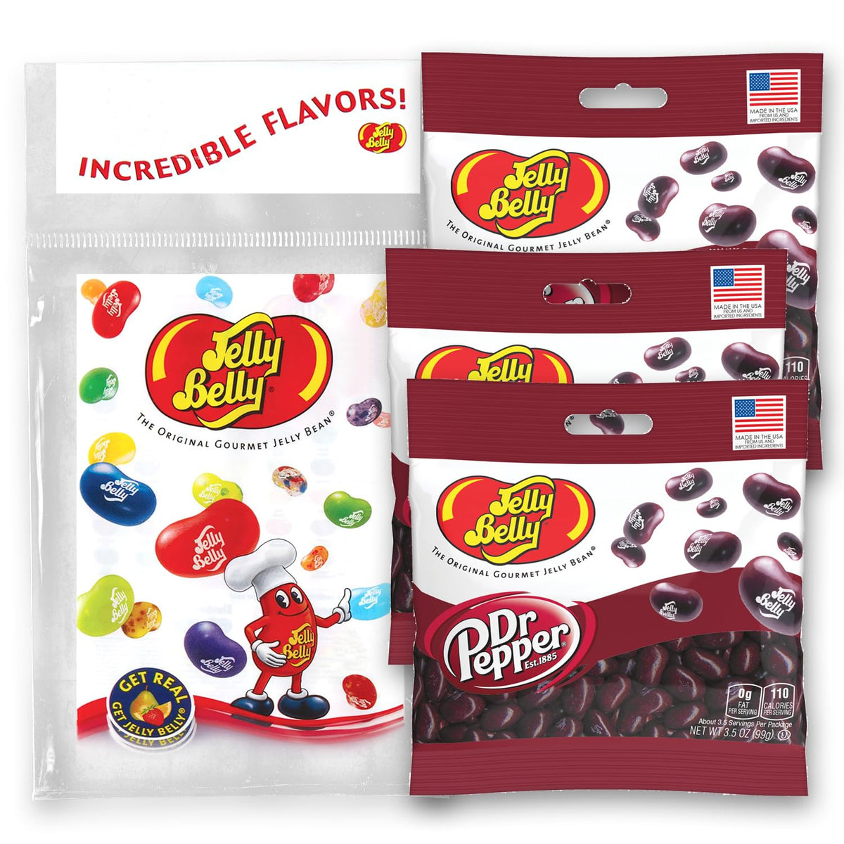 Jelly Belly Dr Pepper jelly beans in grab-go bags for convenient on-the-go snacking.