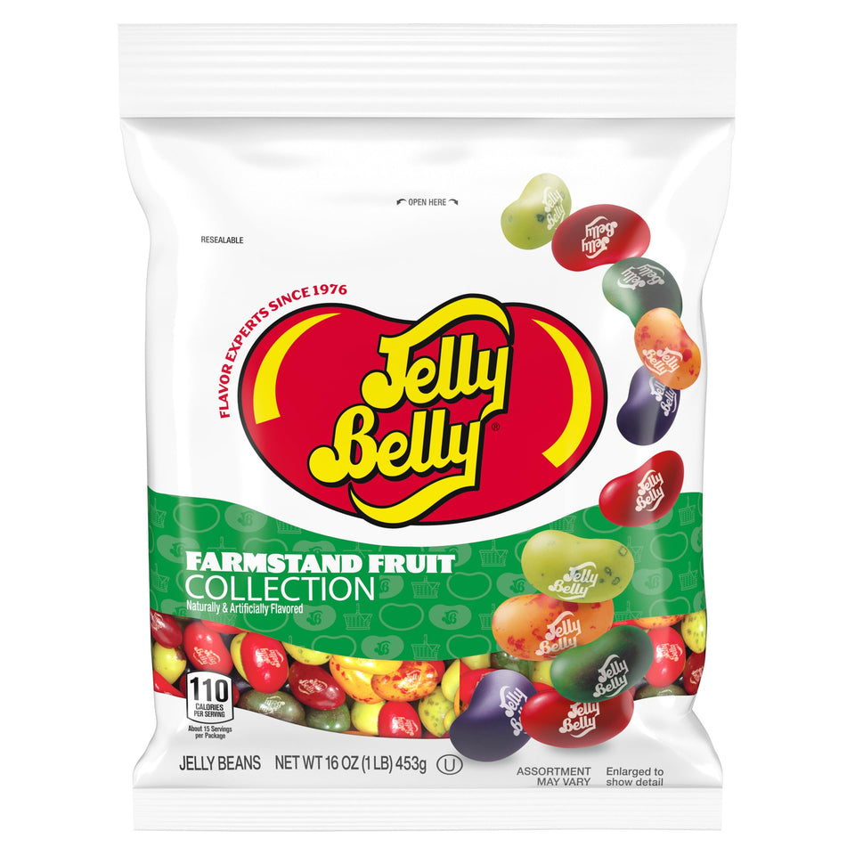 Jelly Belly Farmstand Fruit Mix 1lb bag shows reseal for convenient storage and sharing.