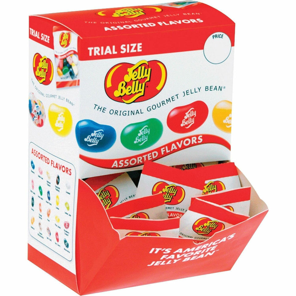 Jelly Belly Gourmet Jelly Beans in a dispenser box, convenient low-fat snack for offices.