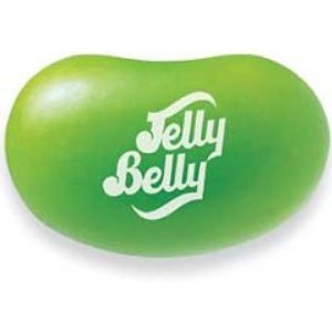 Close-up of Jelly Belly Green Apple beans showing real apple juice flavor.