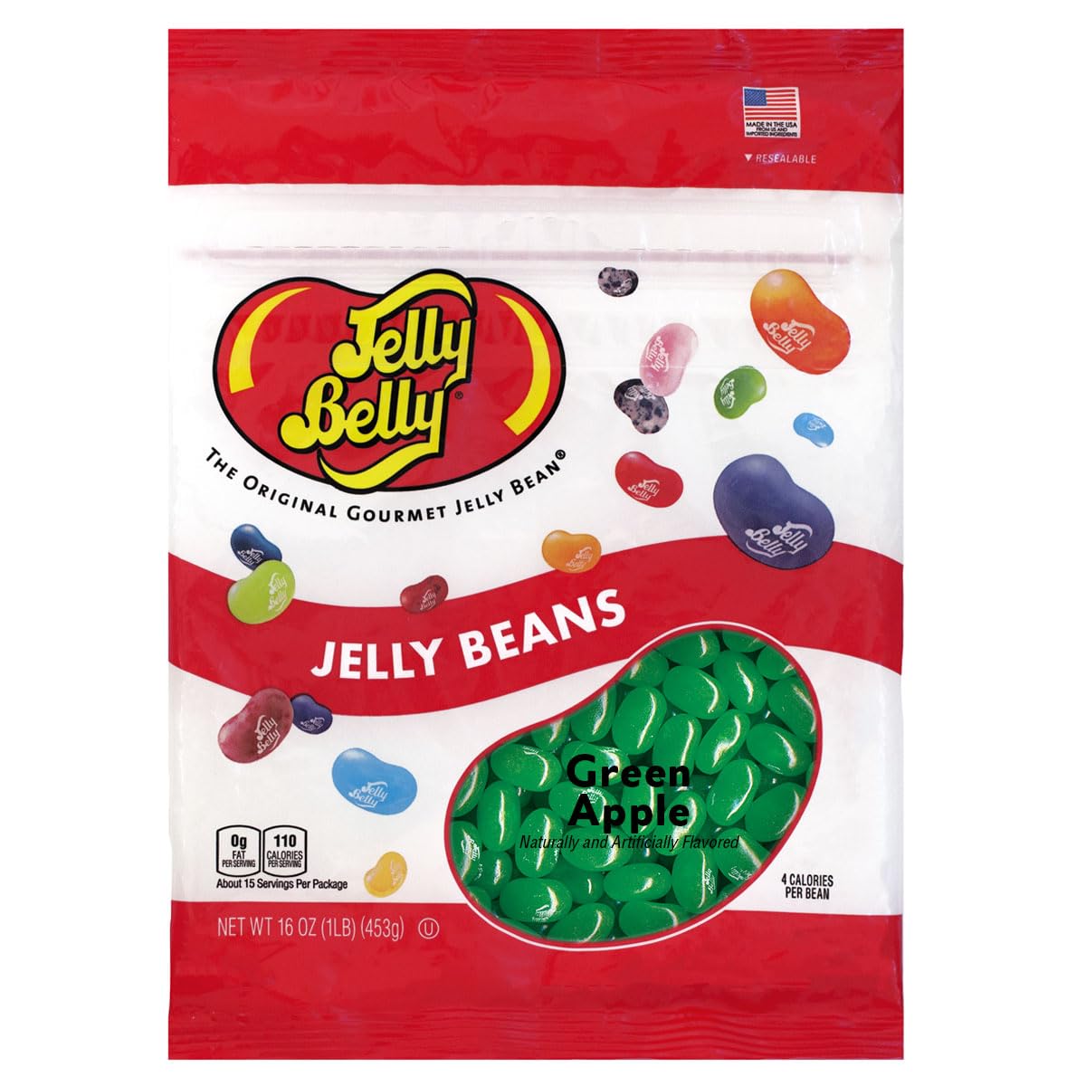 Jelly Belly Green Apple jelly beans in a resealable bag for lasting freshness.
