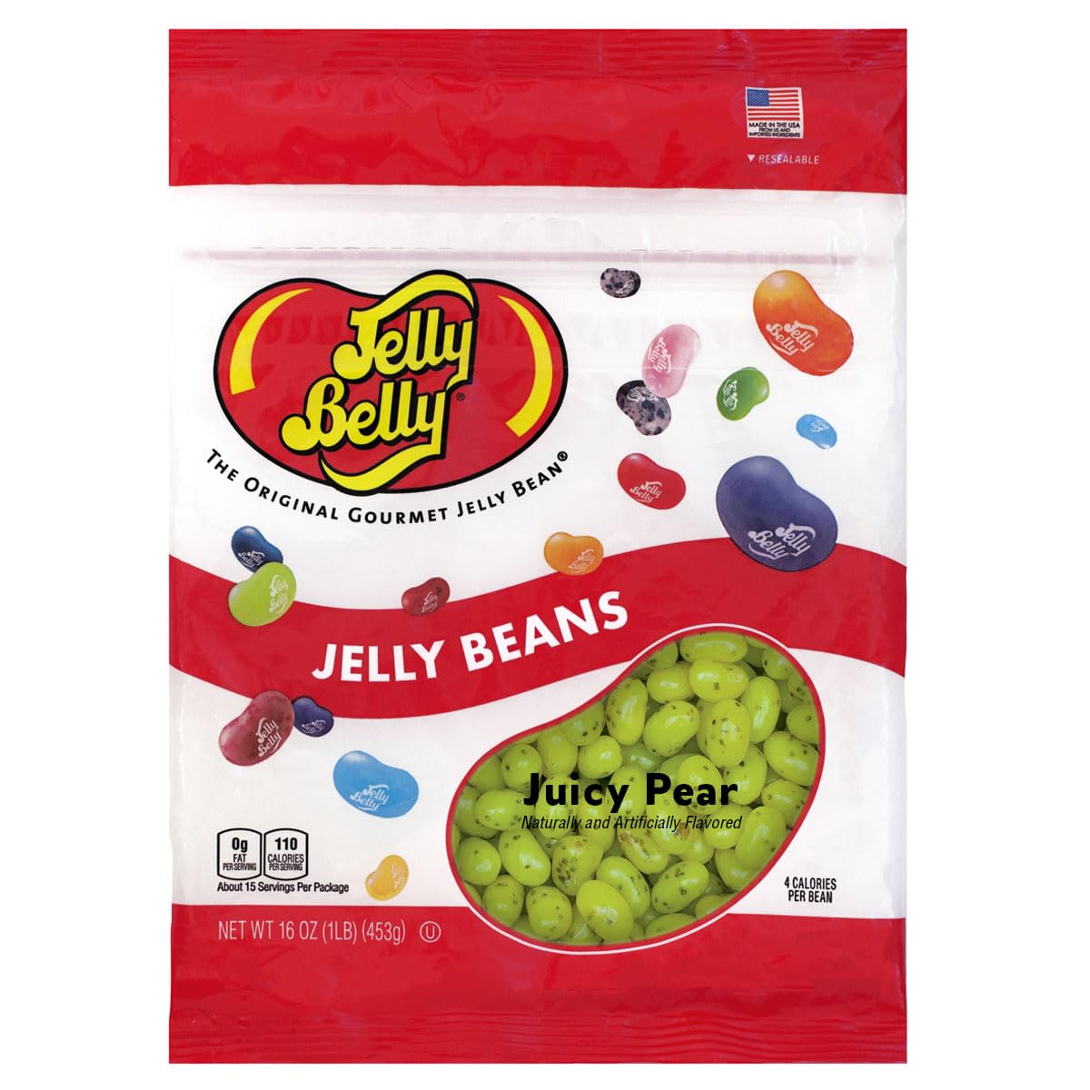 Jelly Belly Juicy Pear jelly beans close-up showing real fruit flavor