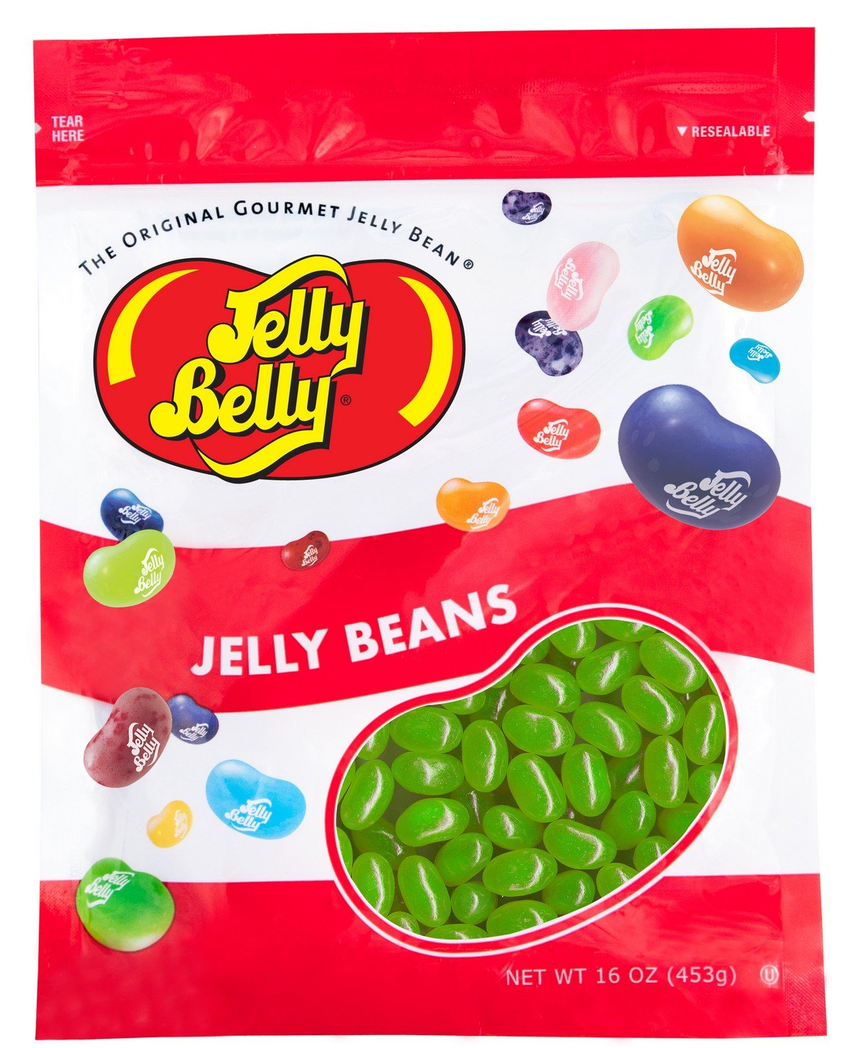 Jelly Belly Lemon Lime beans closeup showing real zest and two-tone color