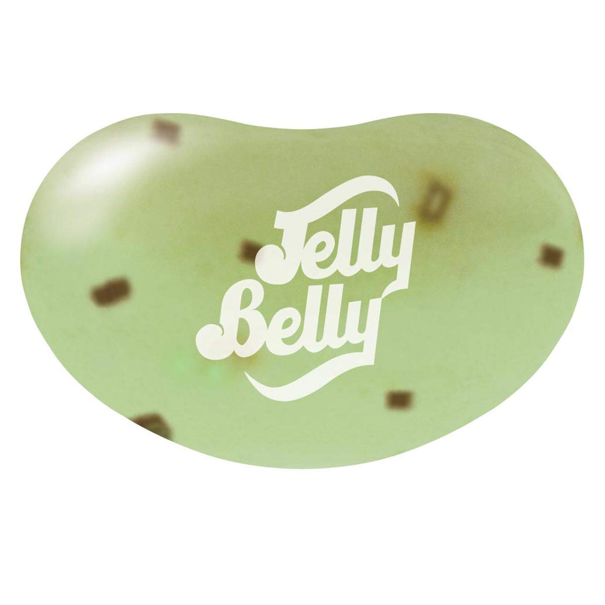 Jelly Belly Mint Mint Chocolate Chip beans close-up, cool mint and chocolate pairing