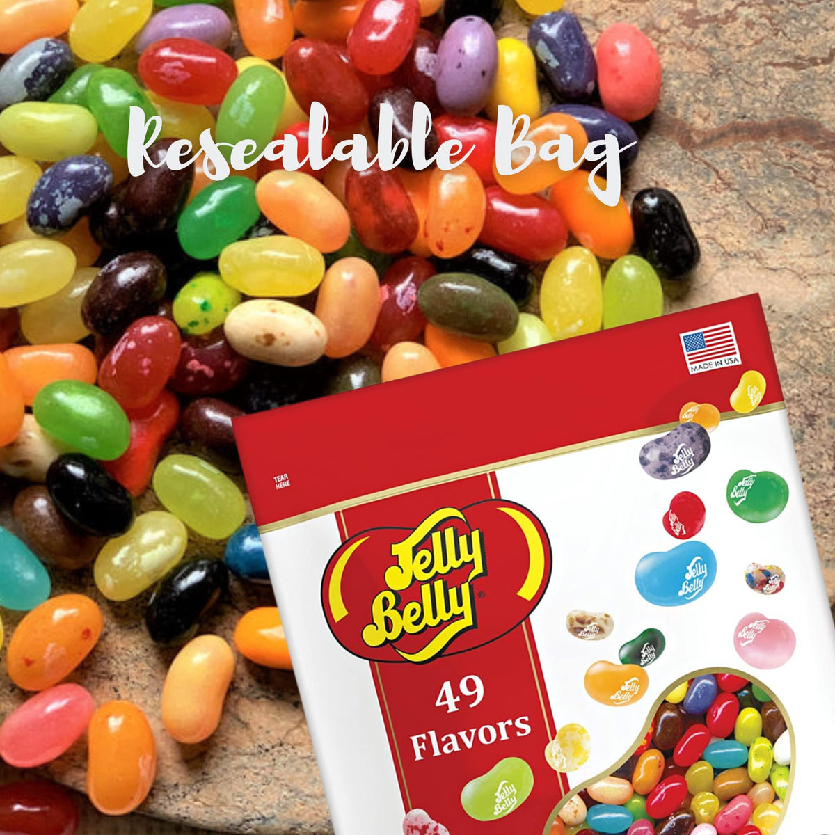 Jelly Belly jelly beans on an office desk offer a colorful, shareable snack.