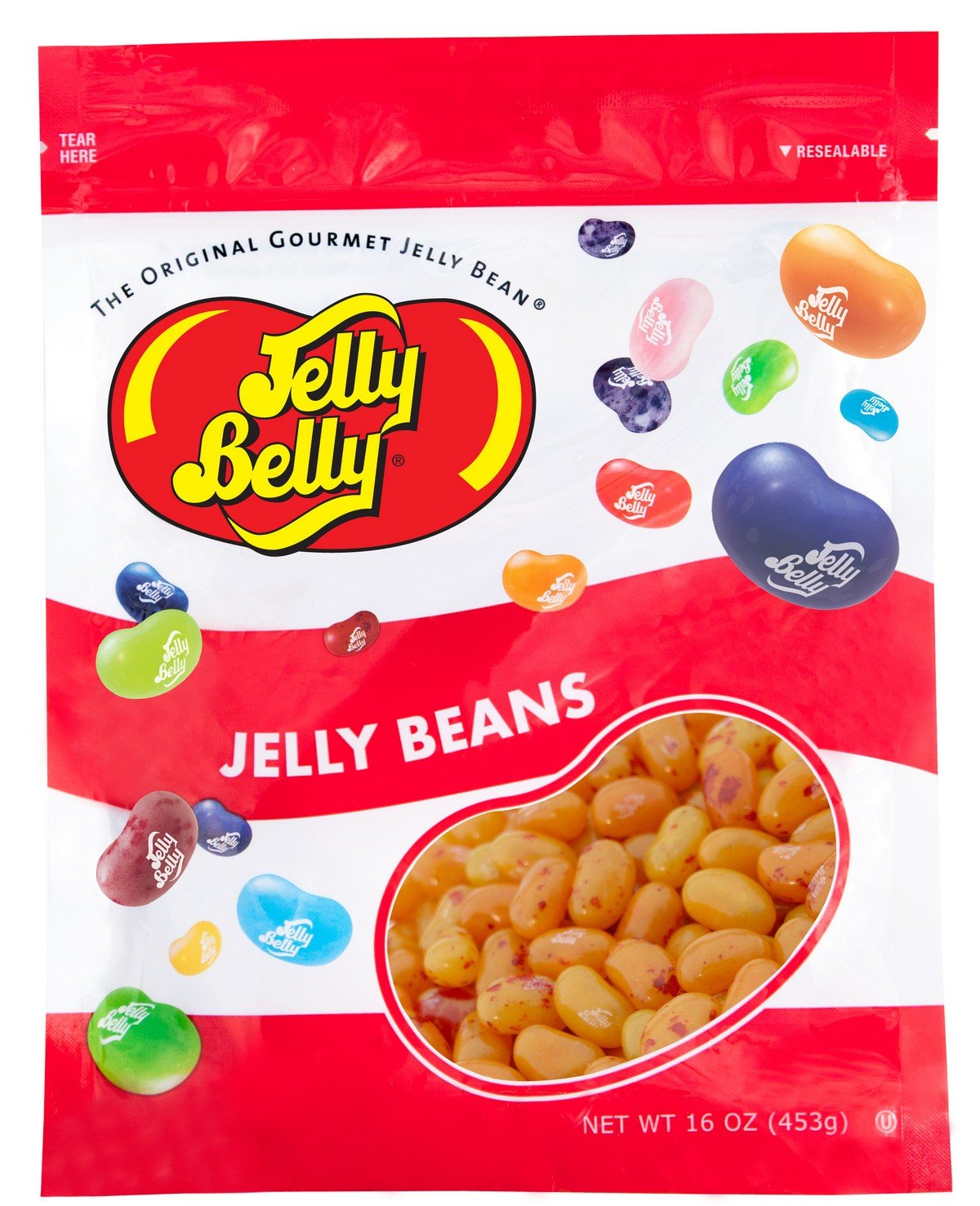 Jelly Belly Peach Jelly Beans in a resealable bag promoting fresh peach flavor.