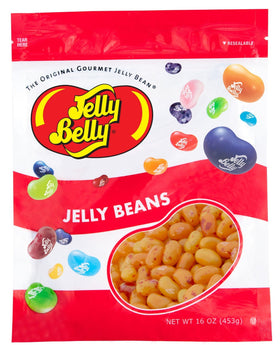 Jelly Belly Peach Jelly Beans in a resealable bag promoting fresh peach flavor.