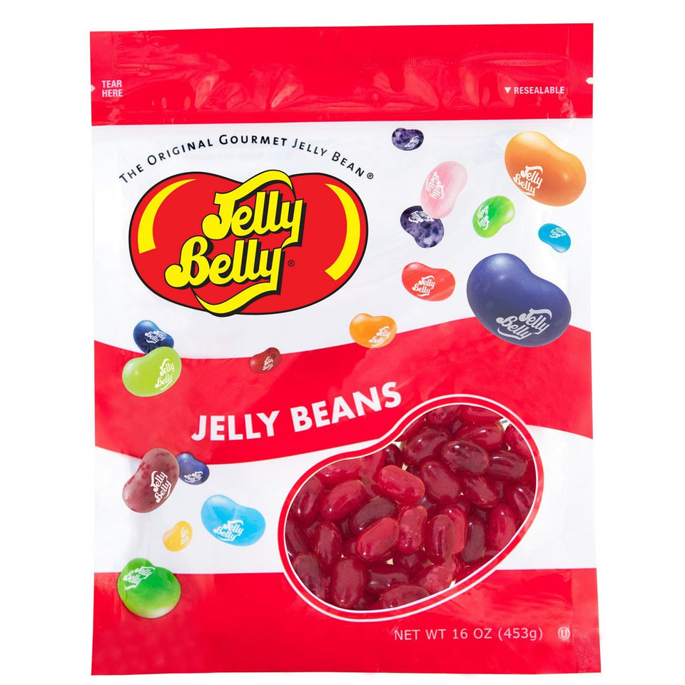 Jelly Belly Pomegranate jelly beans bag front, ready for enjoyment