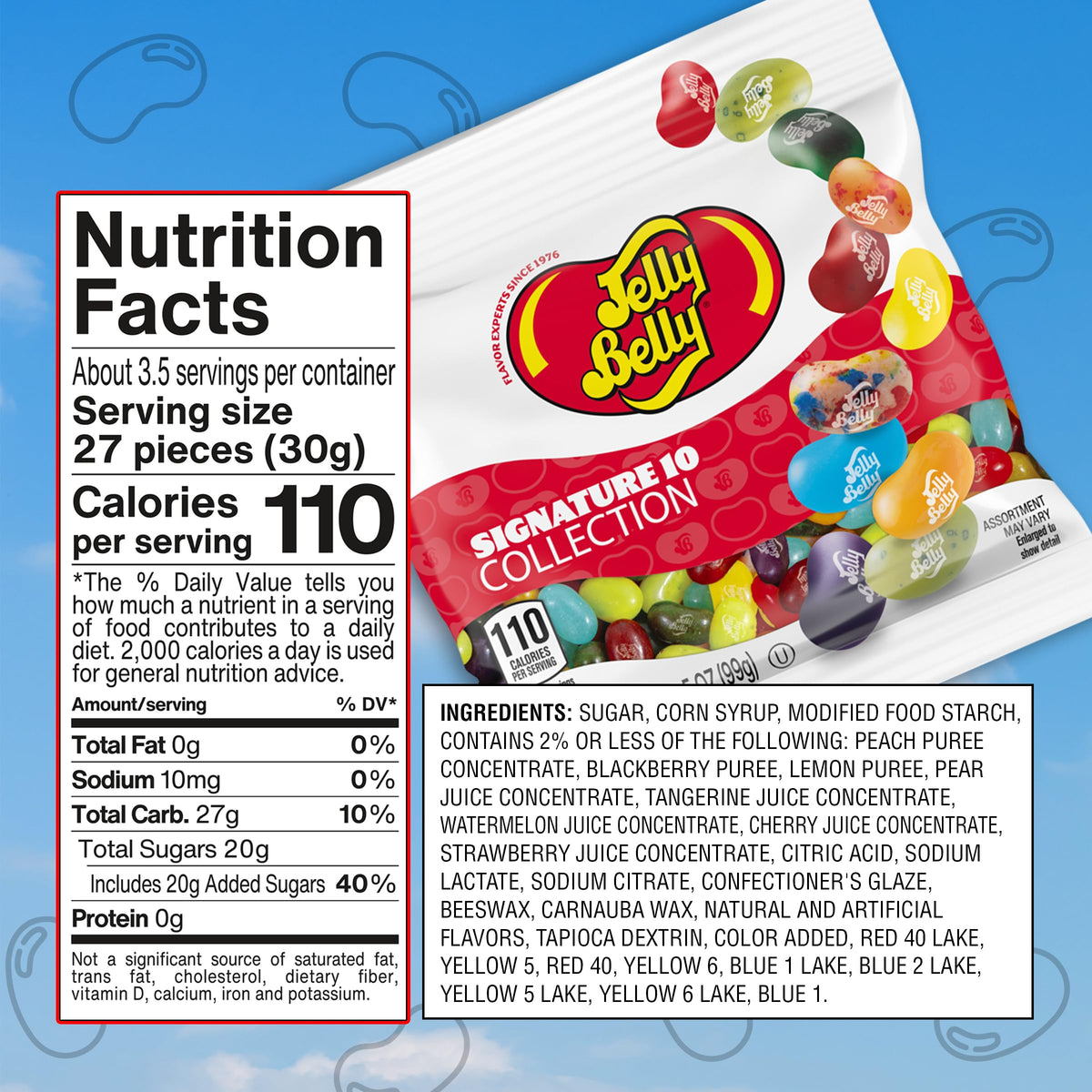 Jelly Belly Signature 10 flavors assortment highlights ten popular fruity and classic flavors.
