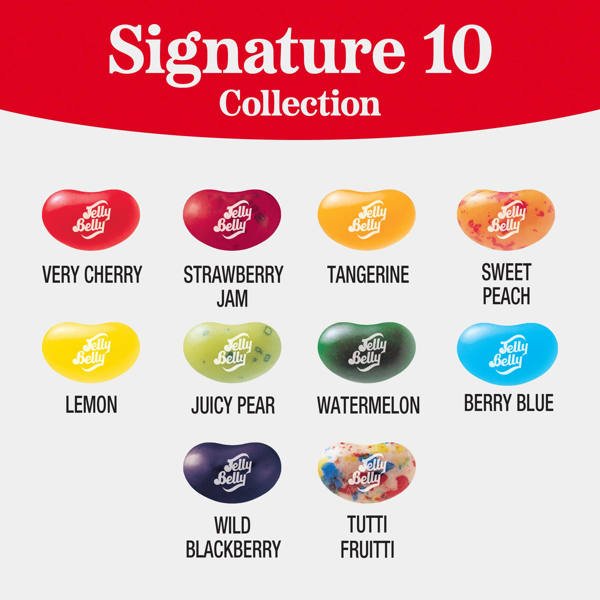 Jelly Belly Signature 10 close-up of Very Cherry and Strawberry Jam flavors.