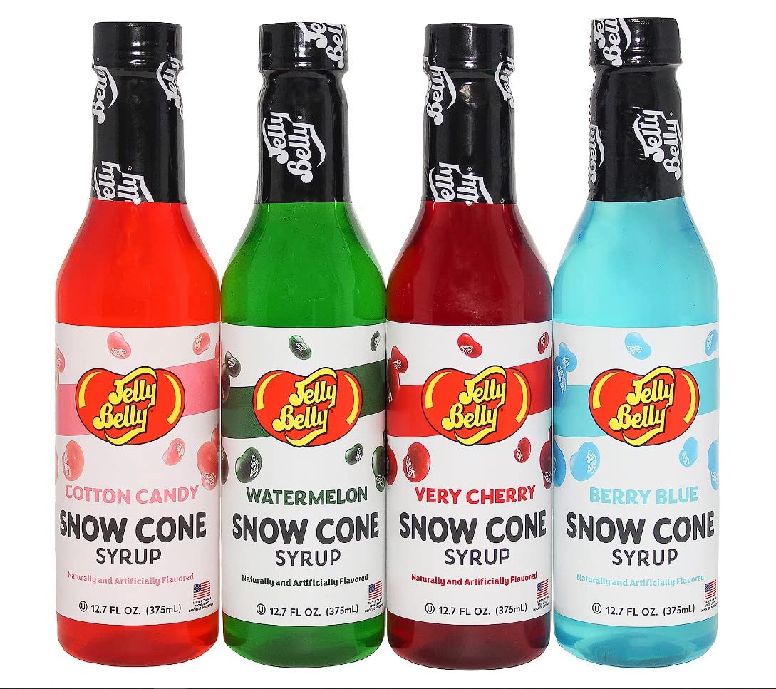 Jelly Belly cherry snow cone syrup bottle for refreshing shaved ice.