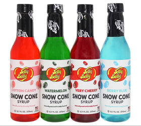 Jelly Belly cherry snow cone syrup bottle for refreshing shaved ice.