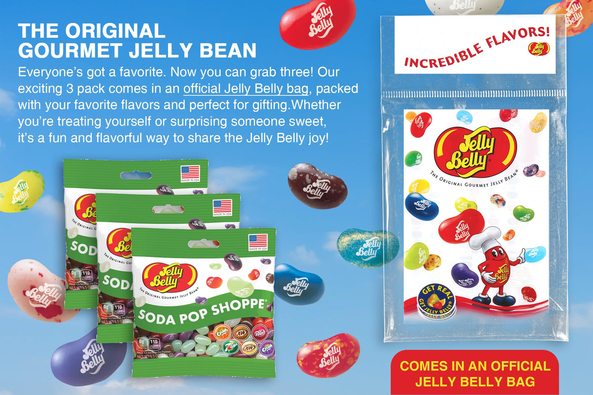 Close-up of glossy jelly beans in the Soda Pop Shoppe pack, ideal for lunchboxes.