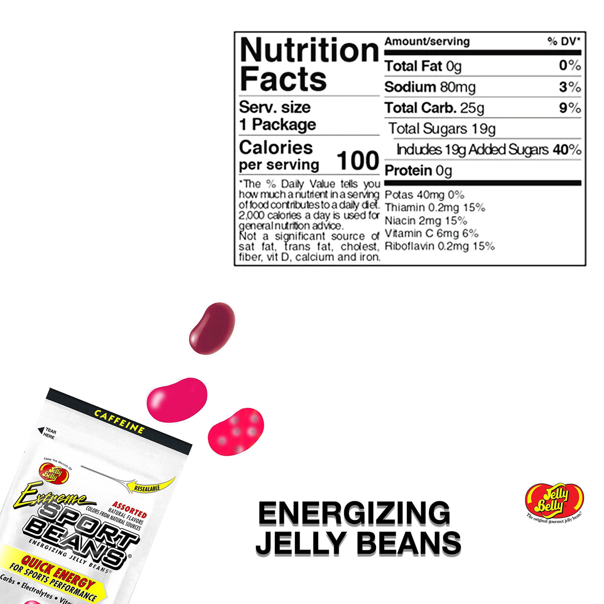 Jelly Belly Sport Beans Extreme Assorted seal and package emphasize portability for athletes.