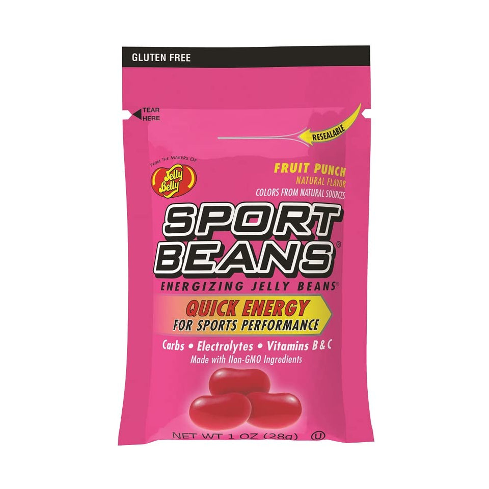 Jelly Belly Sport Beans Fruit Punch six-pack bags offer quick energy with electrolytes for workouts