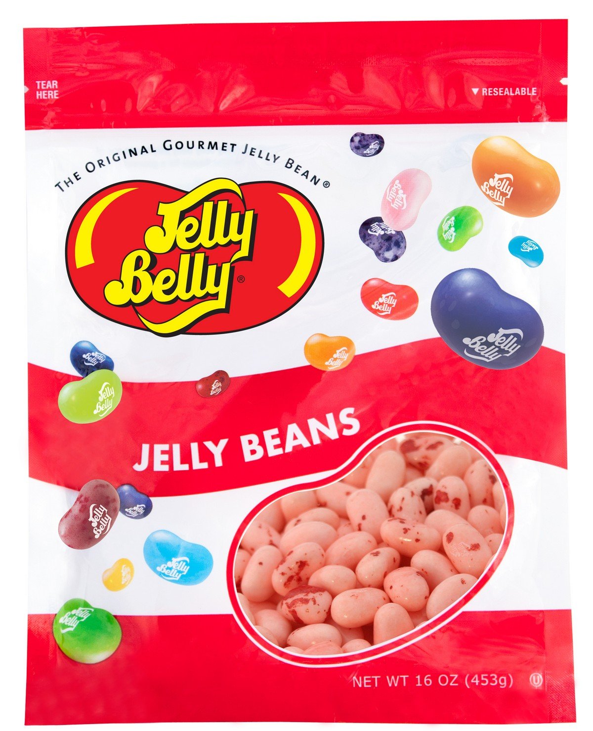Jelly Belly Strawberry Cheesecake beans in a 1 lb bag with creamy strawberry flavor for travel