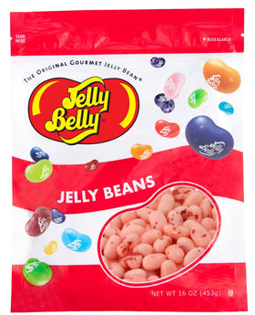 Jelly Belly Strawberry Cheesecake beans in a 1 lb bag with creamy strawberry flavor for travel