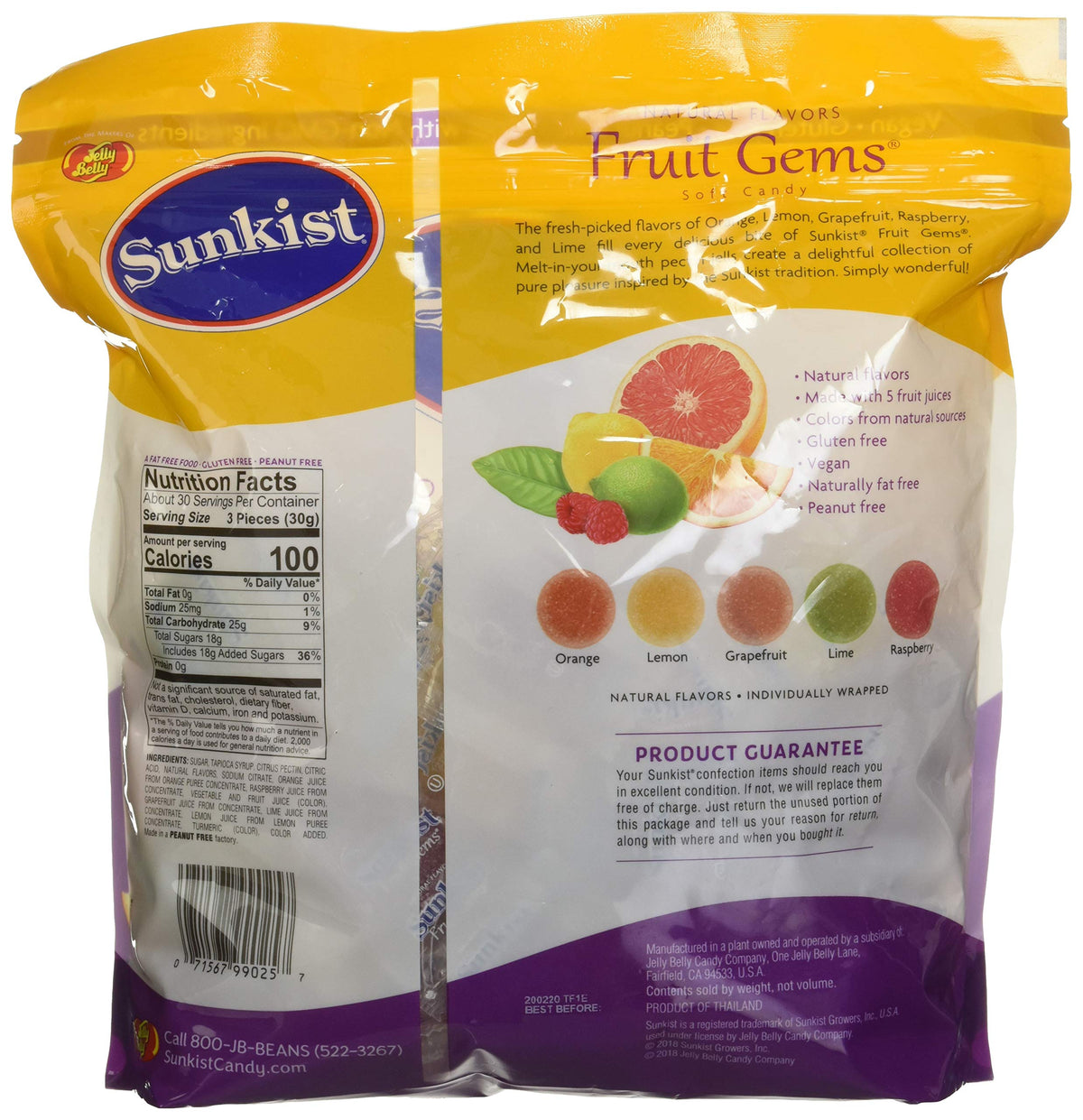 Jelly Belly Sunkist Fruit Gems bag back highlights resealable packaging and non-GMO ingredients