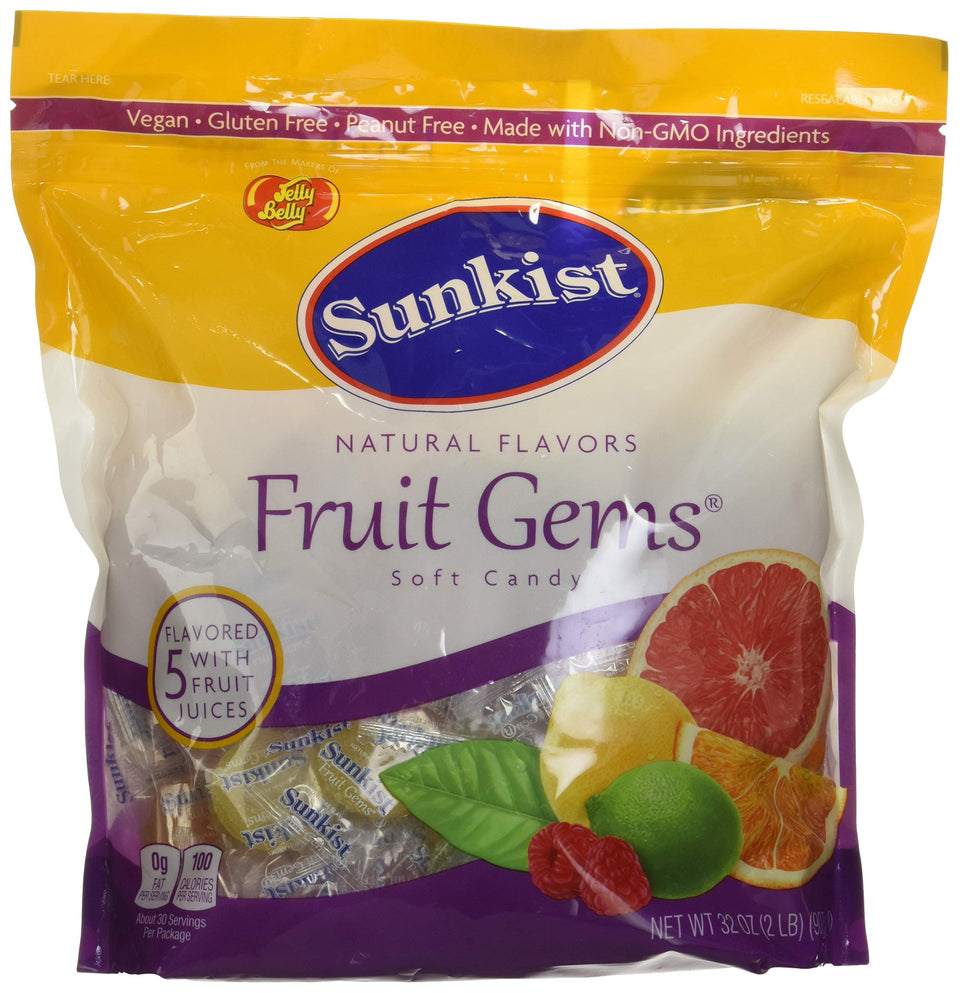 Jelly Belly Sunkist Fruit Gems bag front shows colorful fruit-flavored candies