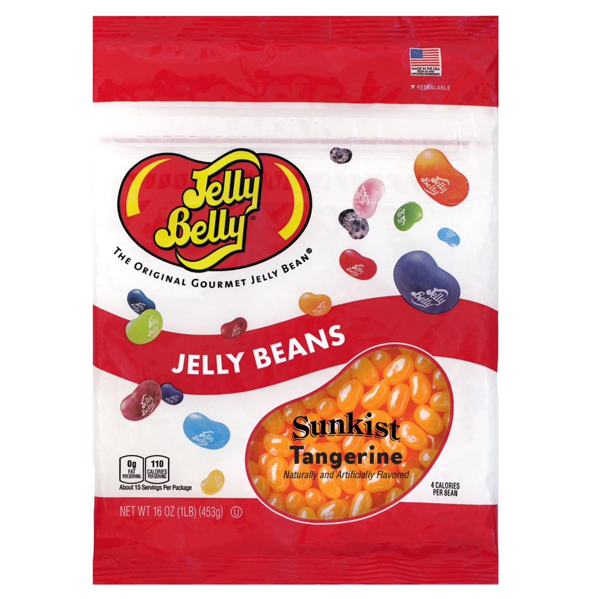 Jelly Belly Sunkist Tangerine jelly beans bag with resealable lid for freshness
